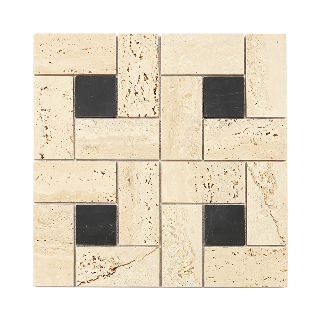 Cream travertine and black stone mosaic tile with staggered square and rectangle pieces