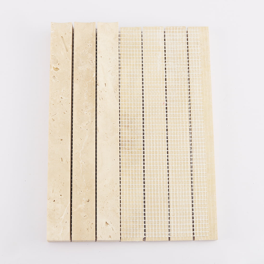Back mesh of cream travertine fluted strip mosaic tile sheet