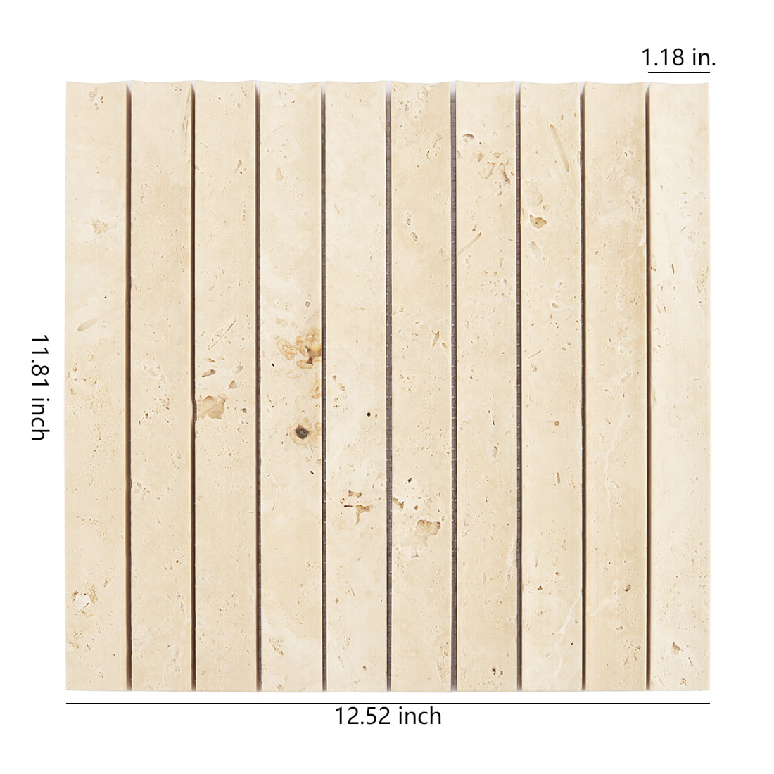 Cream travertine fluted strip mosaic tile sheet with size details