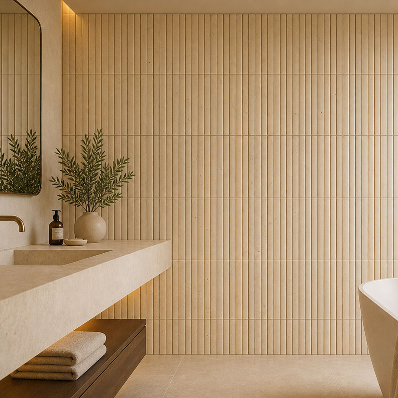 Cream vertical bathroom tiles with stone vanity, brass faucet and warm spa style