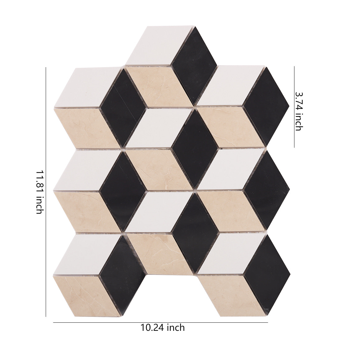 cube pattern mosaic tile sheet with size measurements on white background