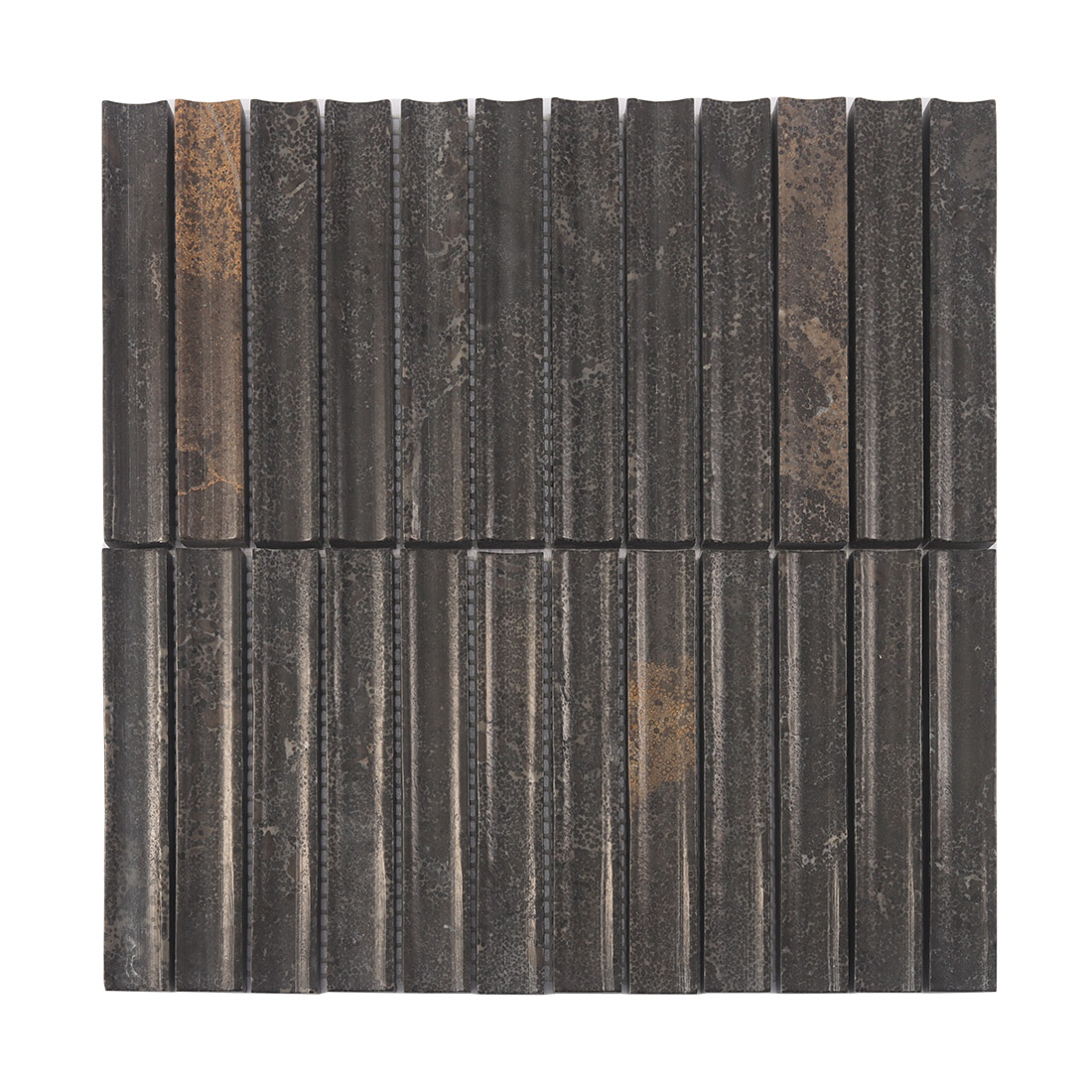 Top view of a dark brown concave linear natural stone mosaic tile sheet.