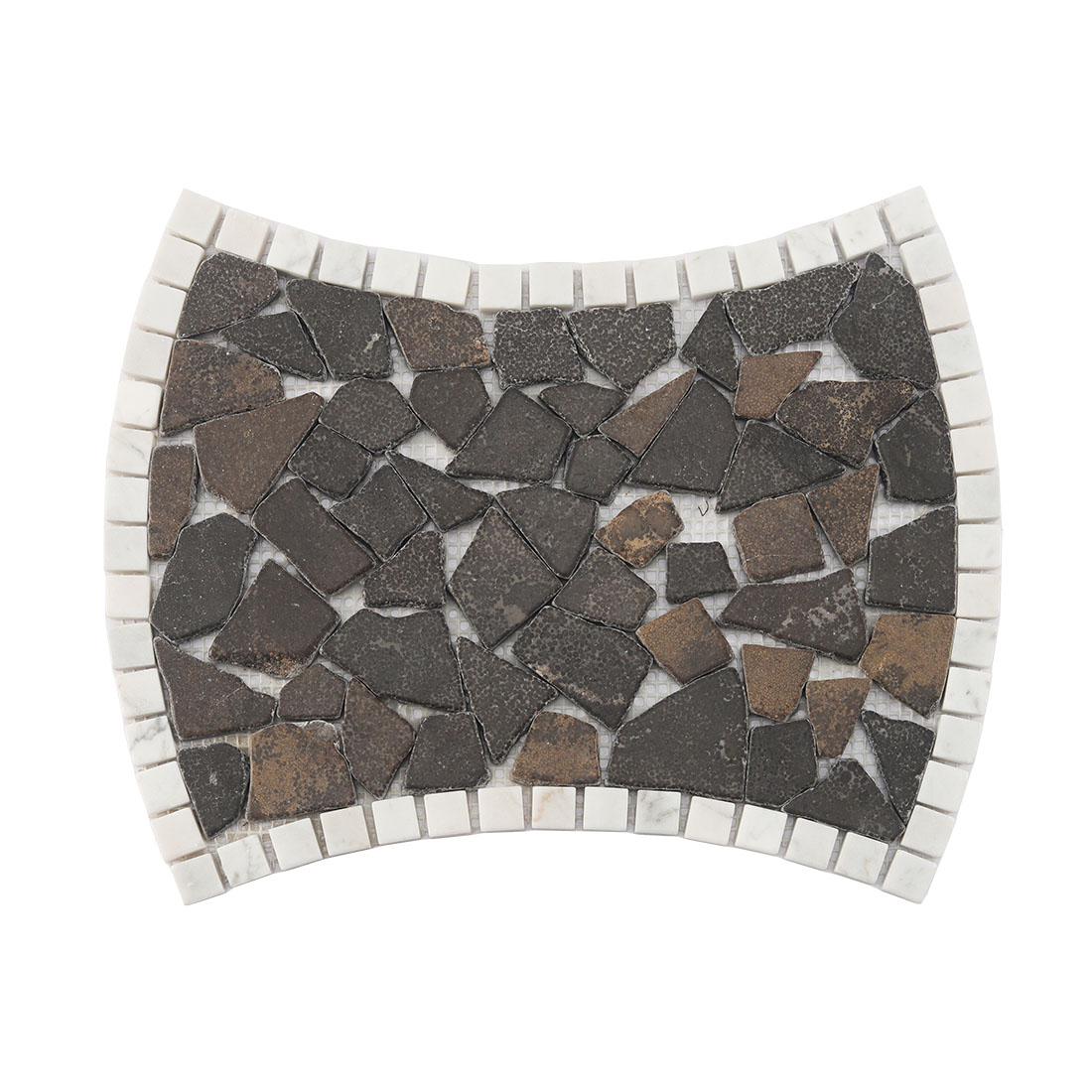Curved dark brown stone mosaic tile sheet with white marble border pieces