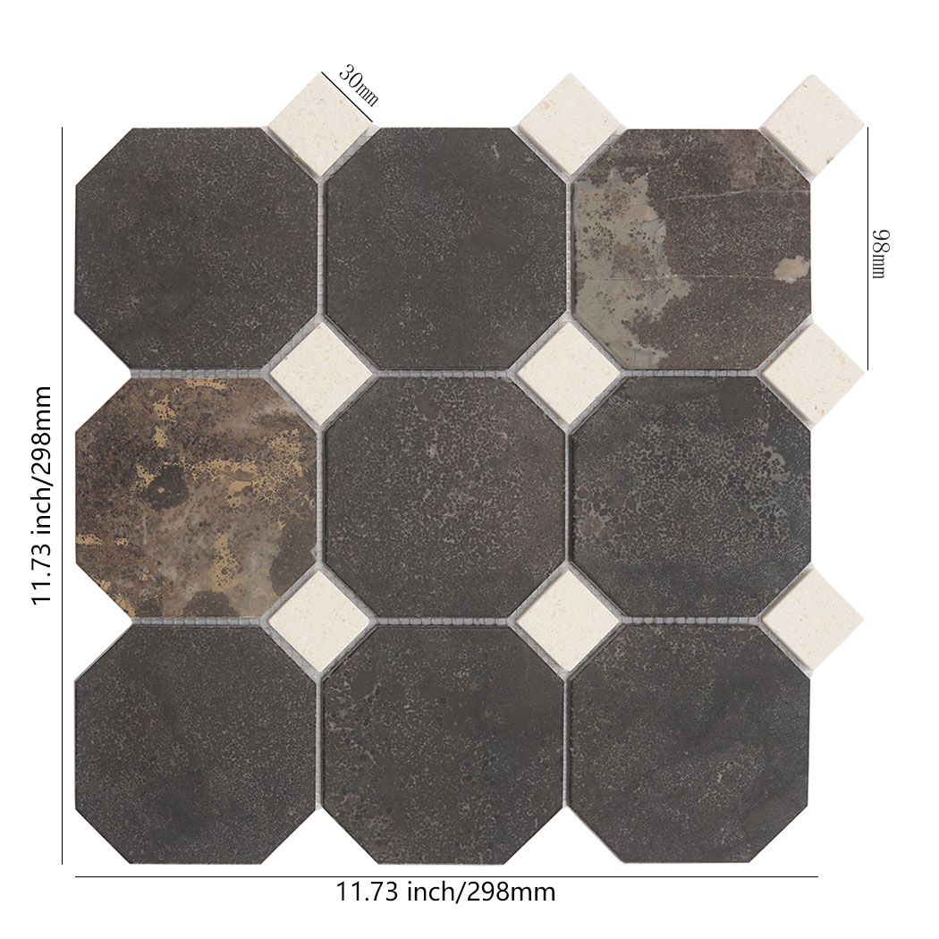 An 11.73 in. dark brown octagon marble mosaic tile sheet with cream squares.