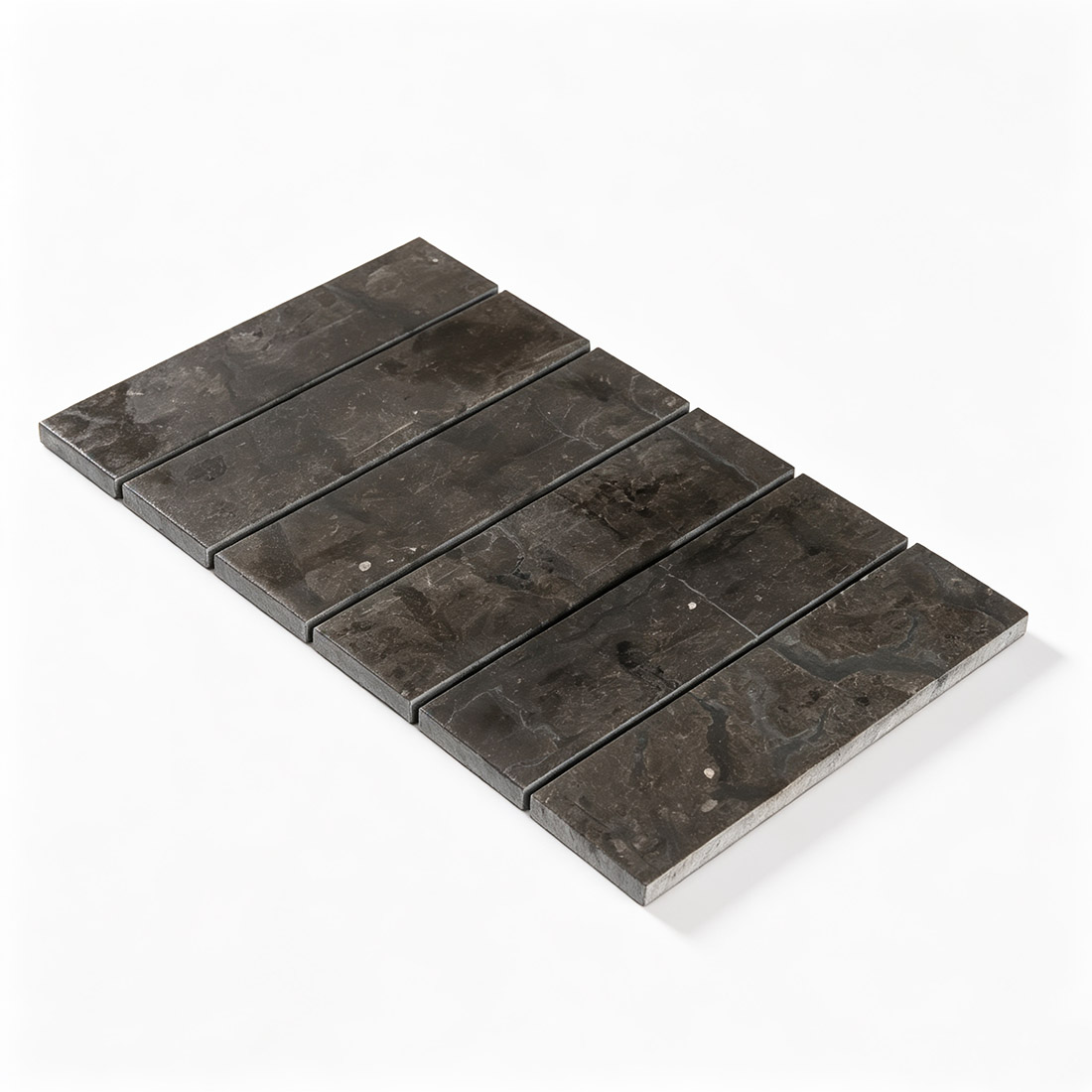 Perspective view of laid dark brown strip marble mosaic tiles