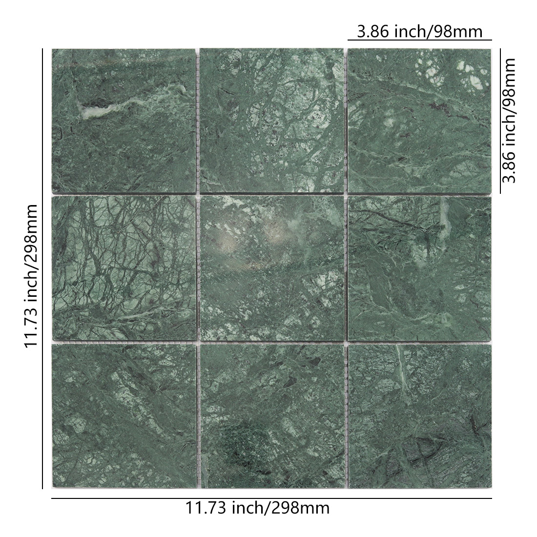 Dark green square marble tile with 98mm chips and sheet size details