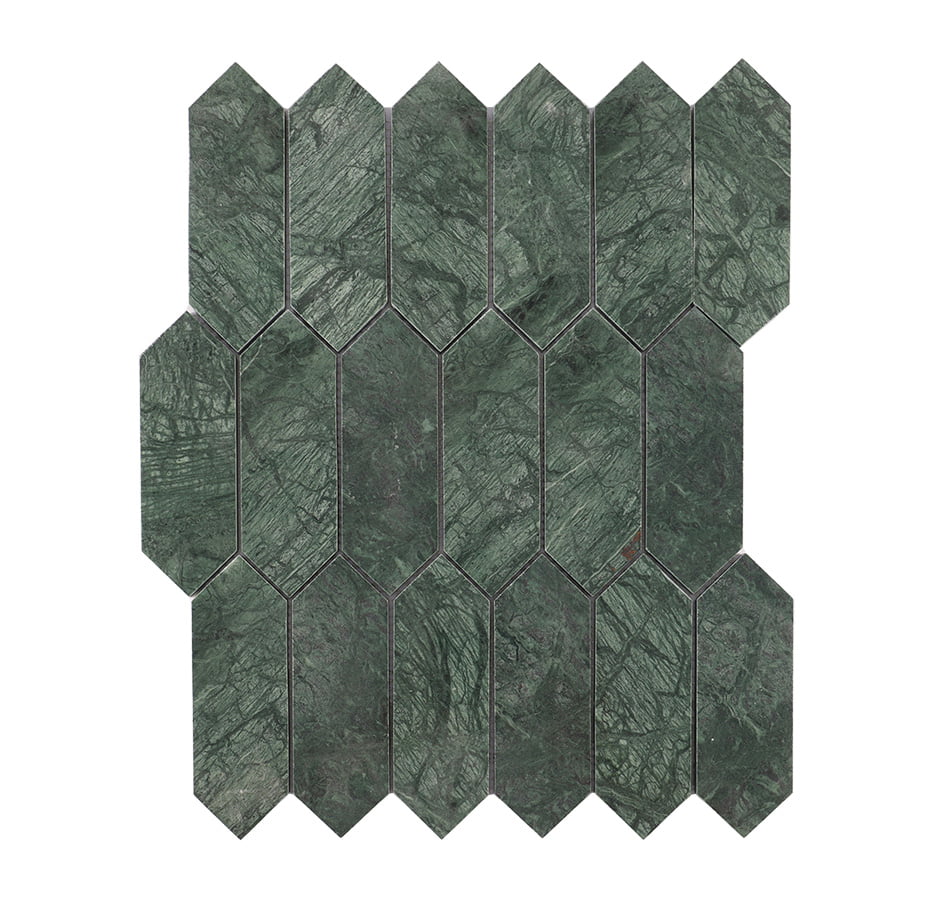 Full sheet of dark green elongated hexagon marble mosaic tile