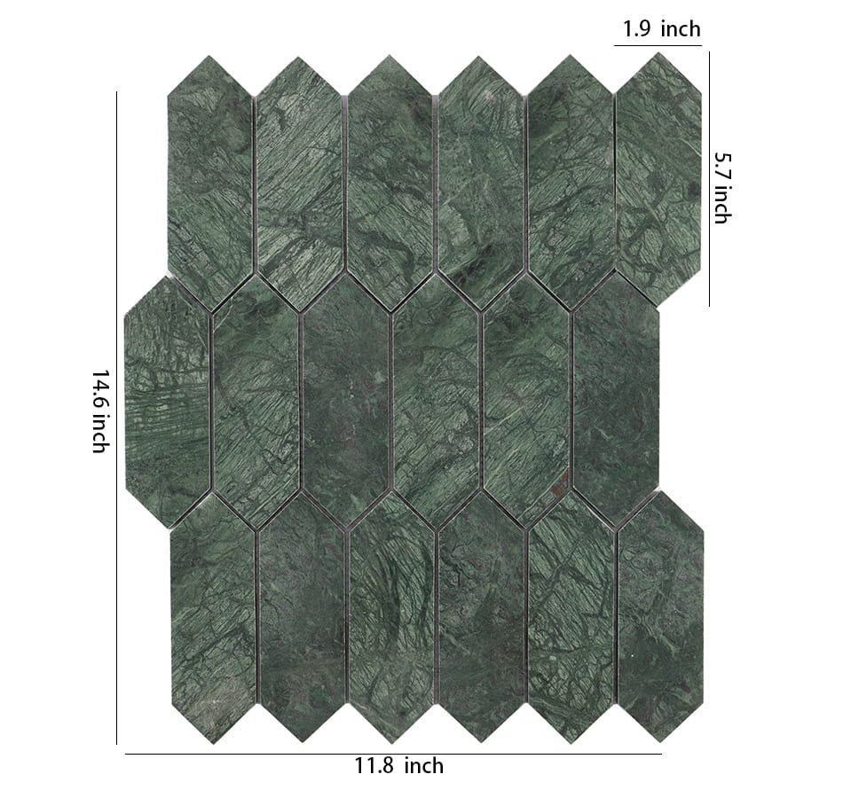 Dark green elongated hexagon marble mosaic tile sheet with size details