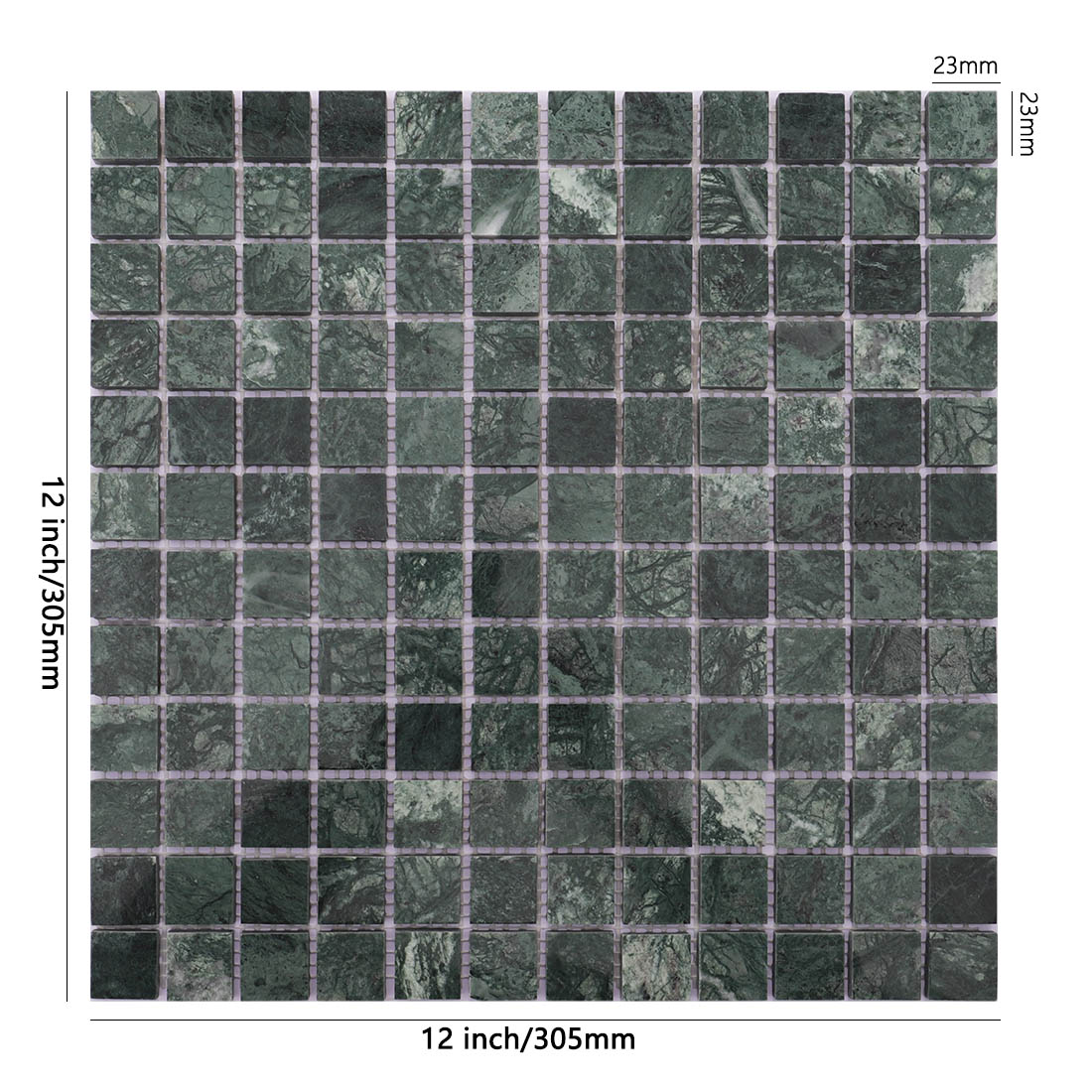 Dark green marble 23mm square mosaic tile sheet with natural stone veining.