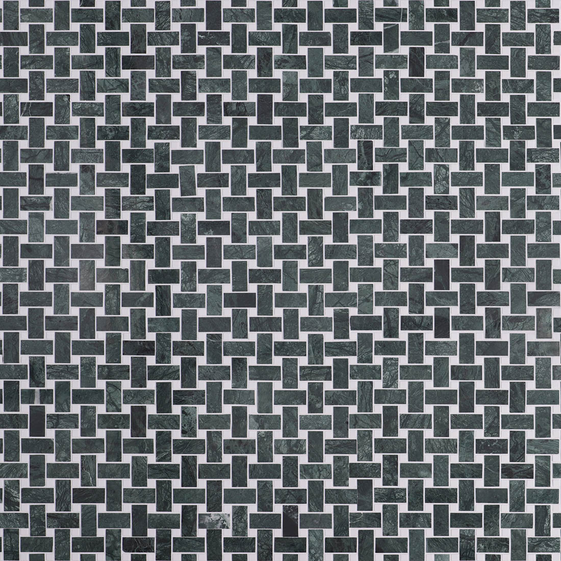 Full pattern of dark green marble basketweave mosaic tile with white square dots.
