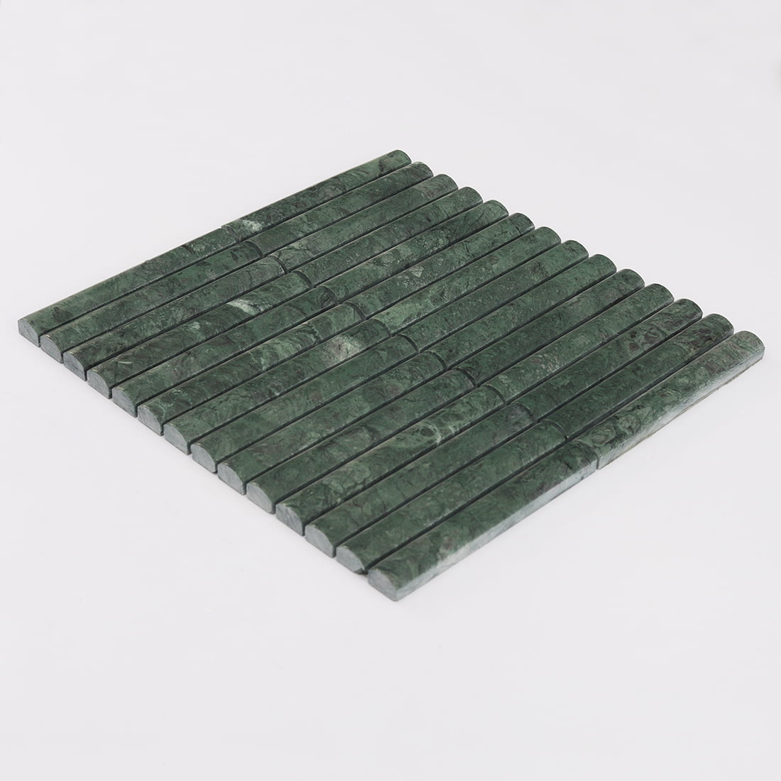 Perspective view of dark green marble finger mosaic tile sheet
