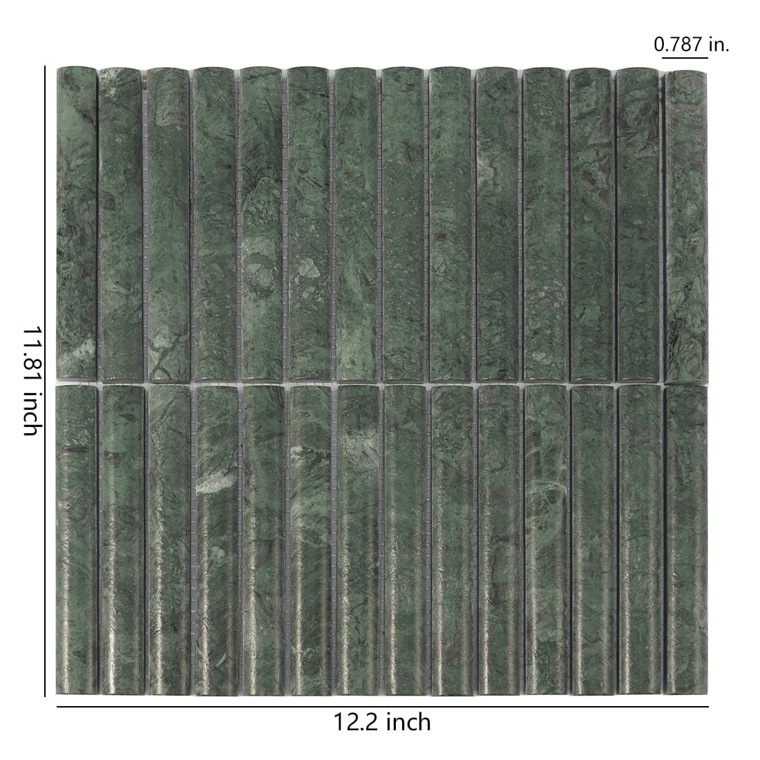 Dark green marble finger mosaic tile sheet with size details