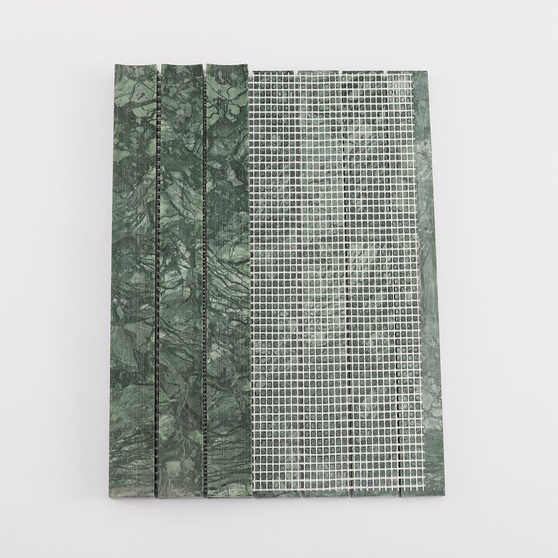 Back mesh of dark green marble fluted strip mosaic tile sheet