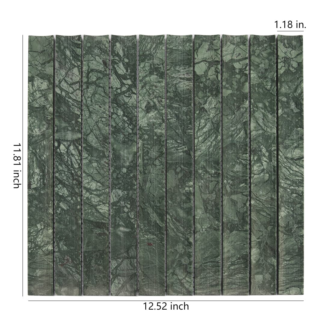 Dark green marble fluted strip mosaic tile sheet with size details