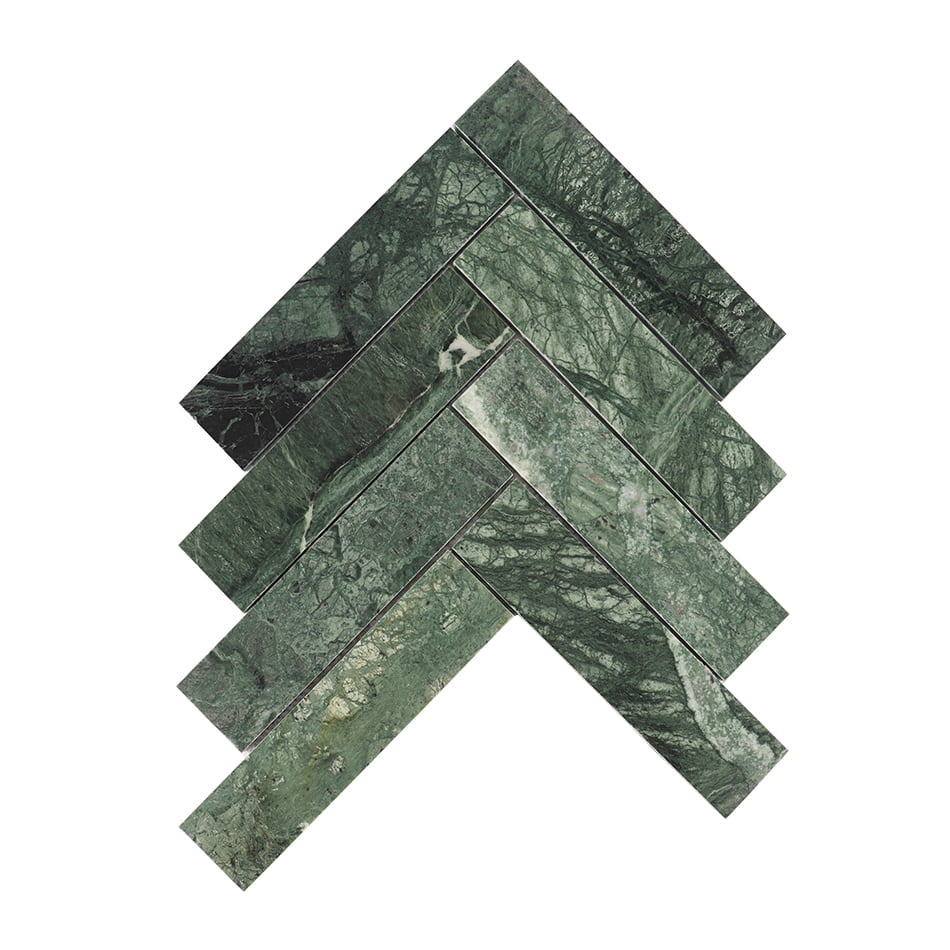 Full sheet of dark green marble herringbone mosaic tile