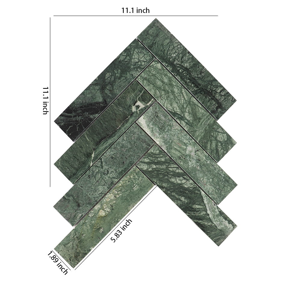 Dark green marble herringbone mosaic tile sheet with size details