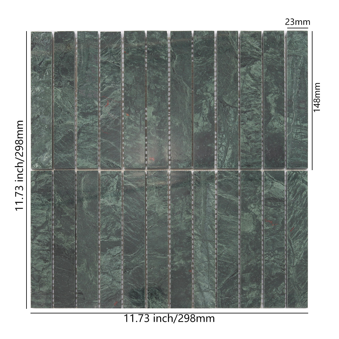 Dark green marble long strip mosaic tile sheet with 23x148mm size guide