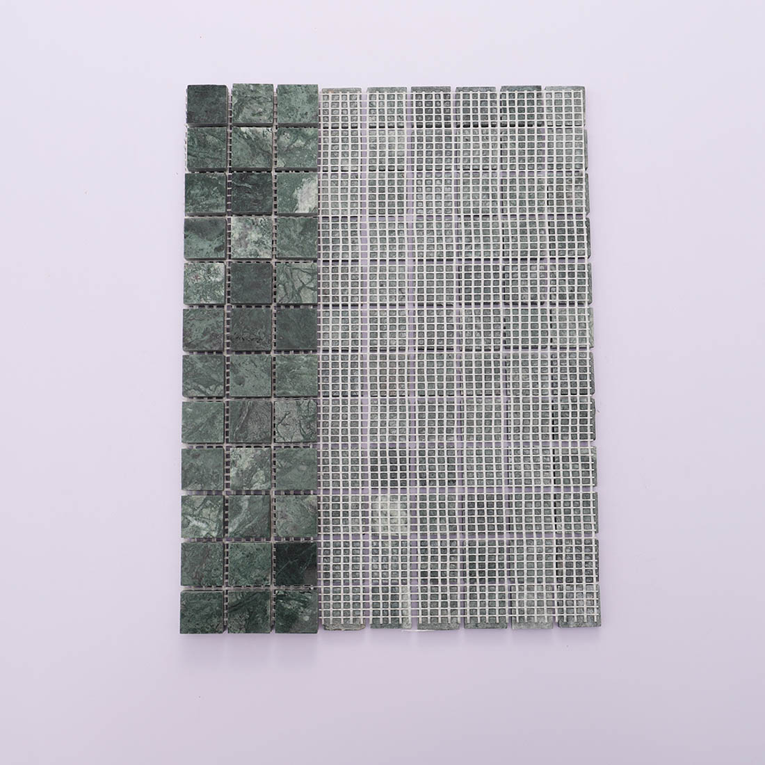 Dark green marble square mosaic tile with mesh backing for easy installation.