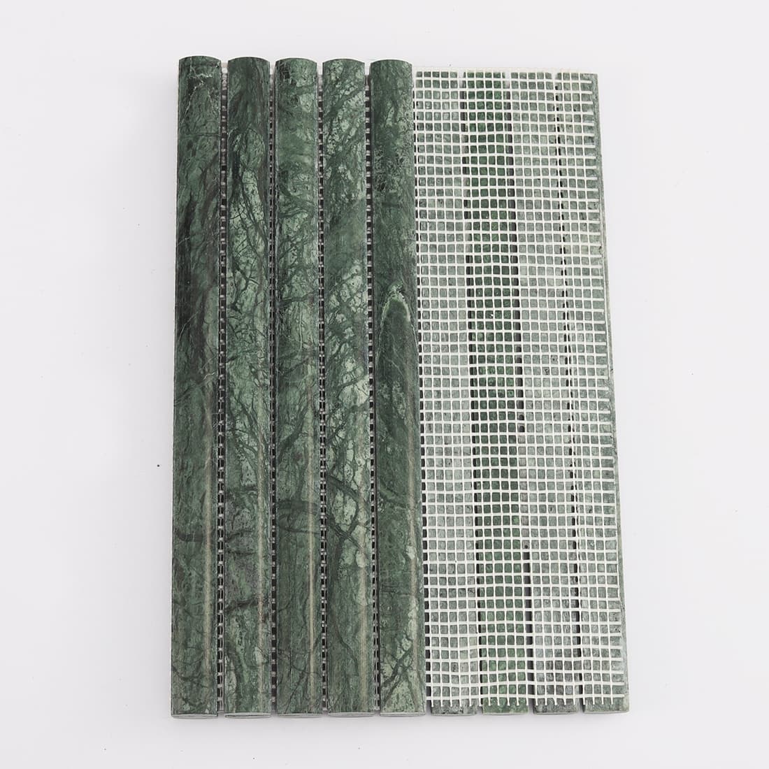 Back view of dark green marble rounded strip mosaic tile with mesh backing