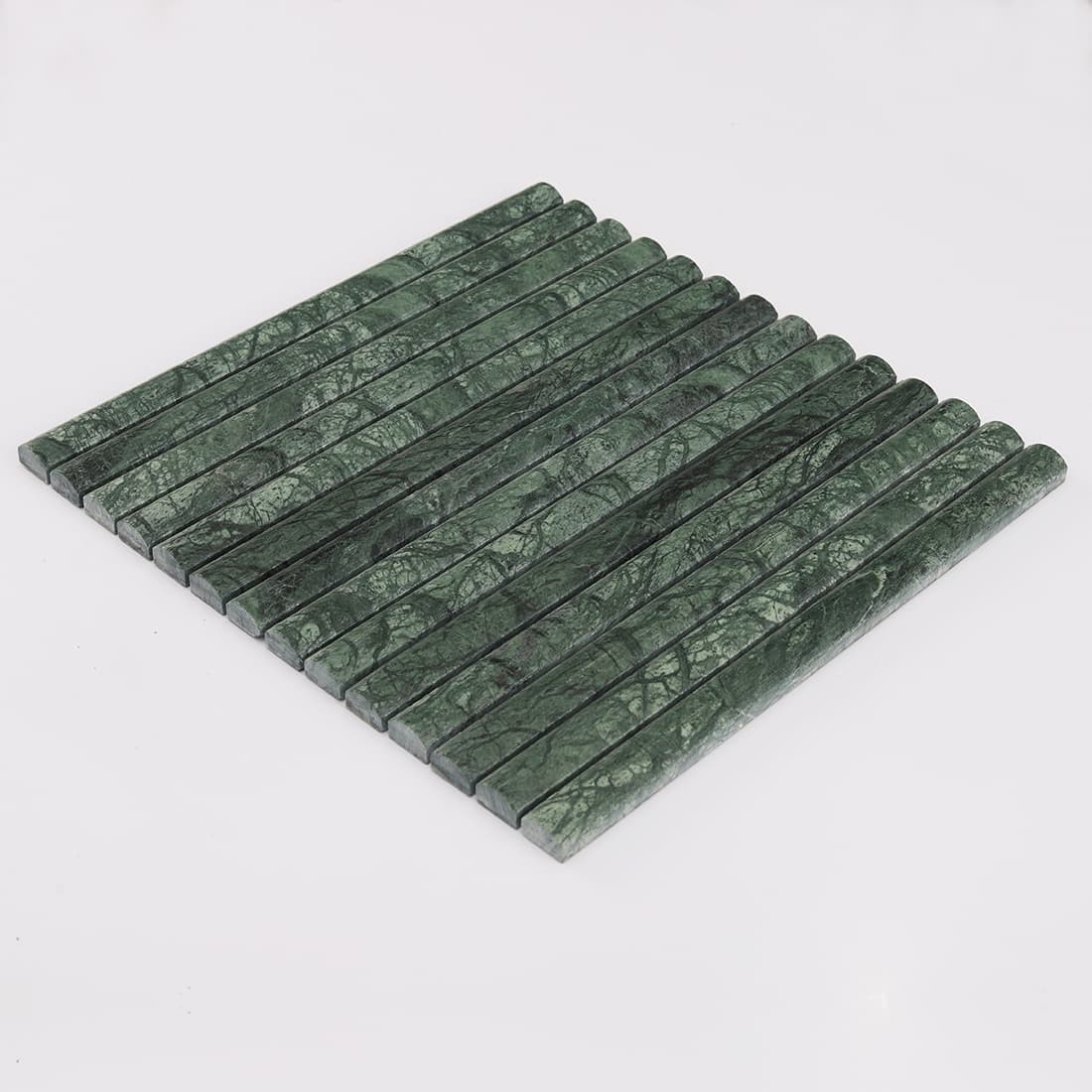 Perspective view of dark green marble rounded strip mosaic tile sheet