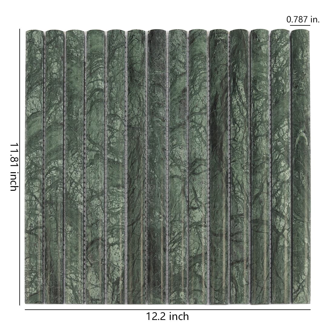 Dark green marble rounded strip mosaic tile sheet with size details