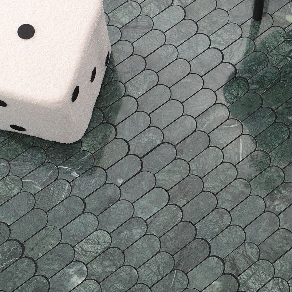 Dark green marble scallop mosaic tile floor detail scene