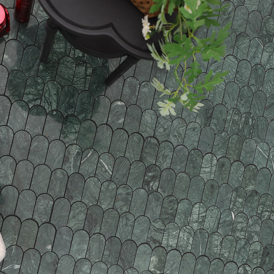 Dark green marble scallop mosaic tile floor styling scene