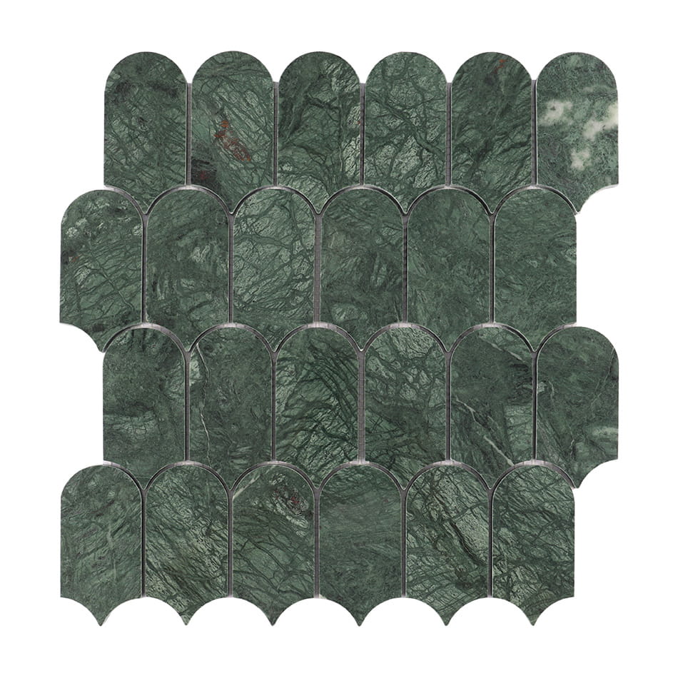 Full sheet of dark green marble scallop mosaic tile