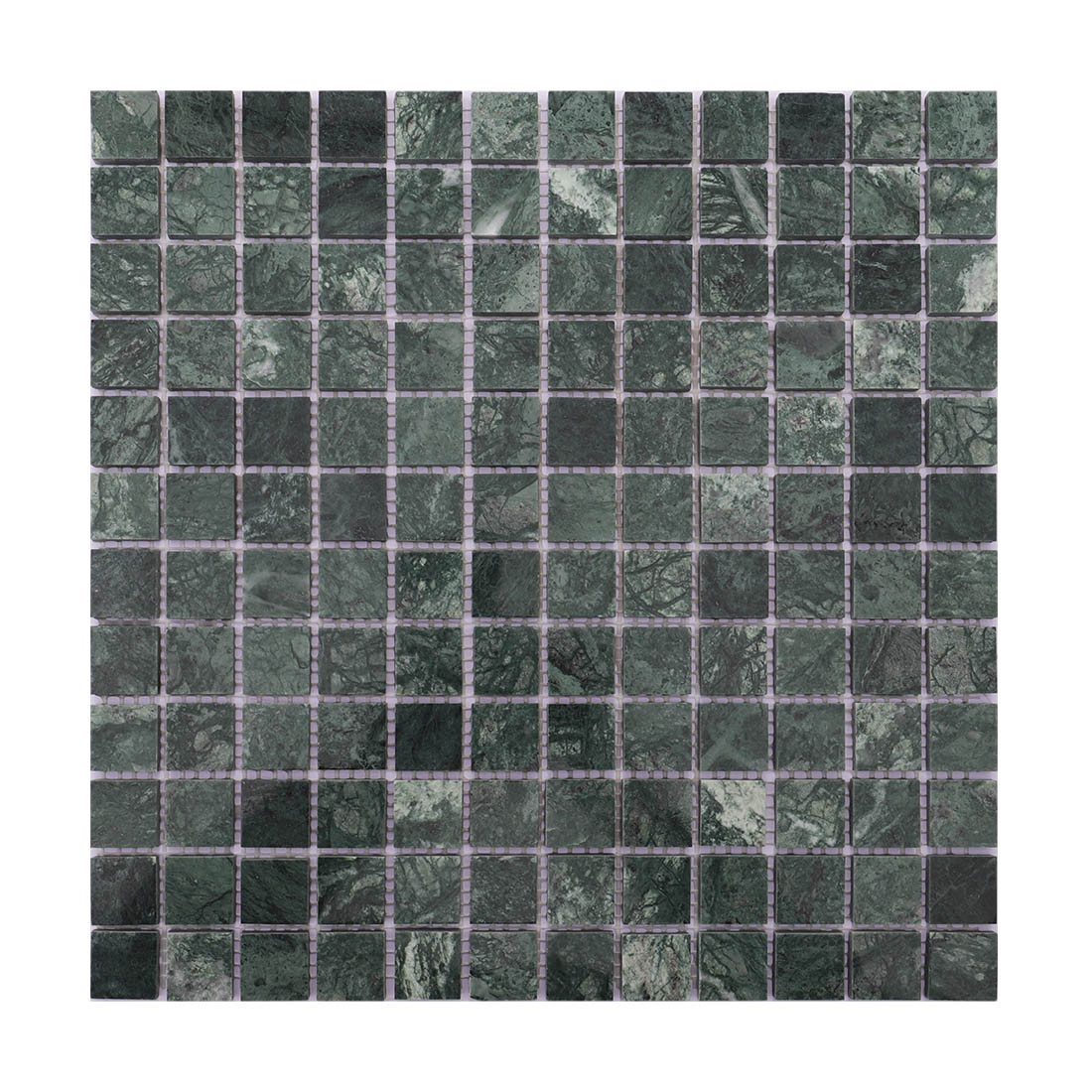 Dark green marble square mosaic tile full sheet with gapped layout.