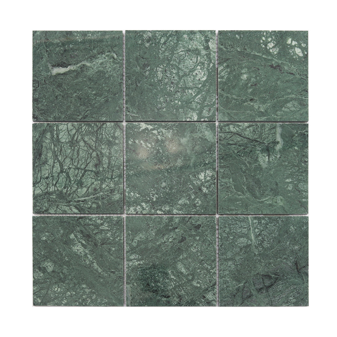 Full sheet front view of dark green marble square tile with natural veining
