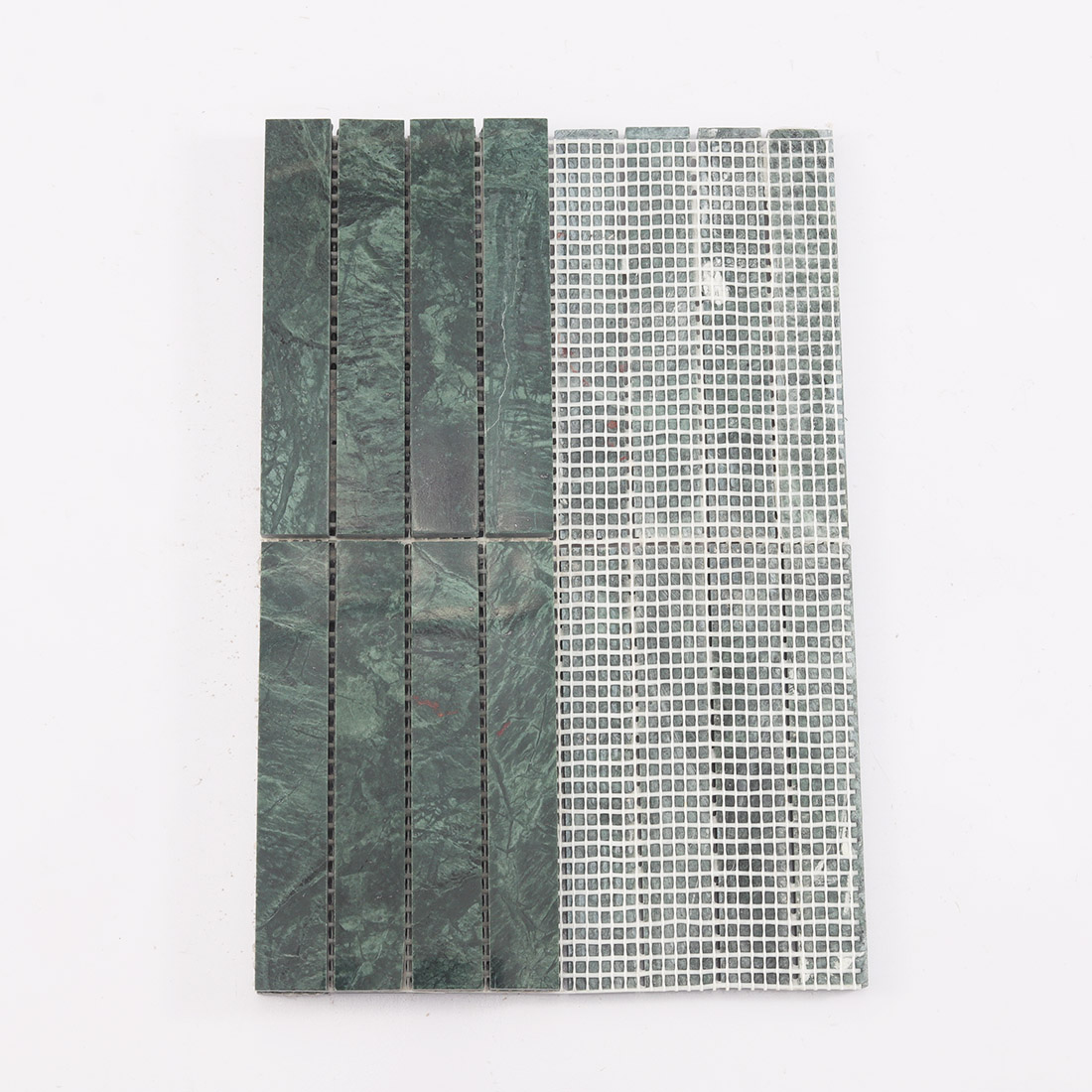 Dark green marble strip mosaic tile sheet with mesh backing partially exposed