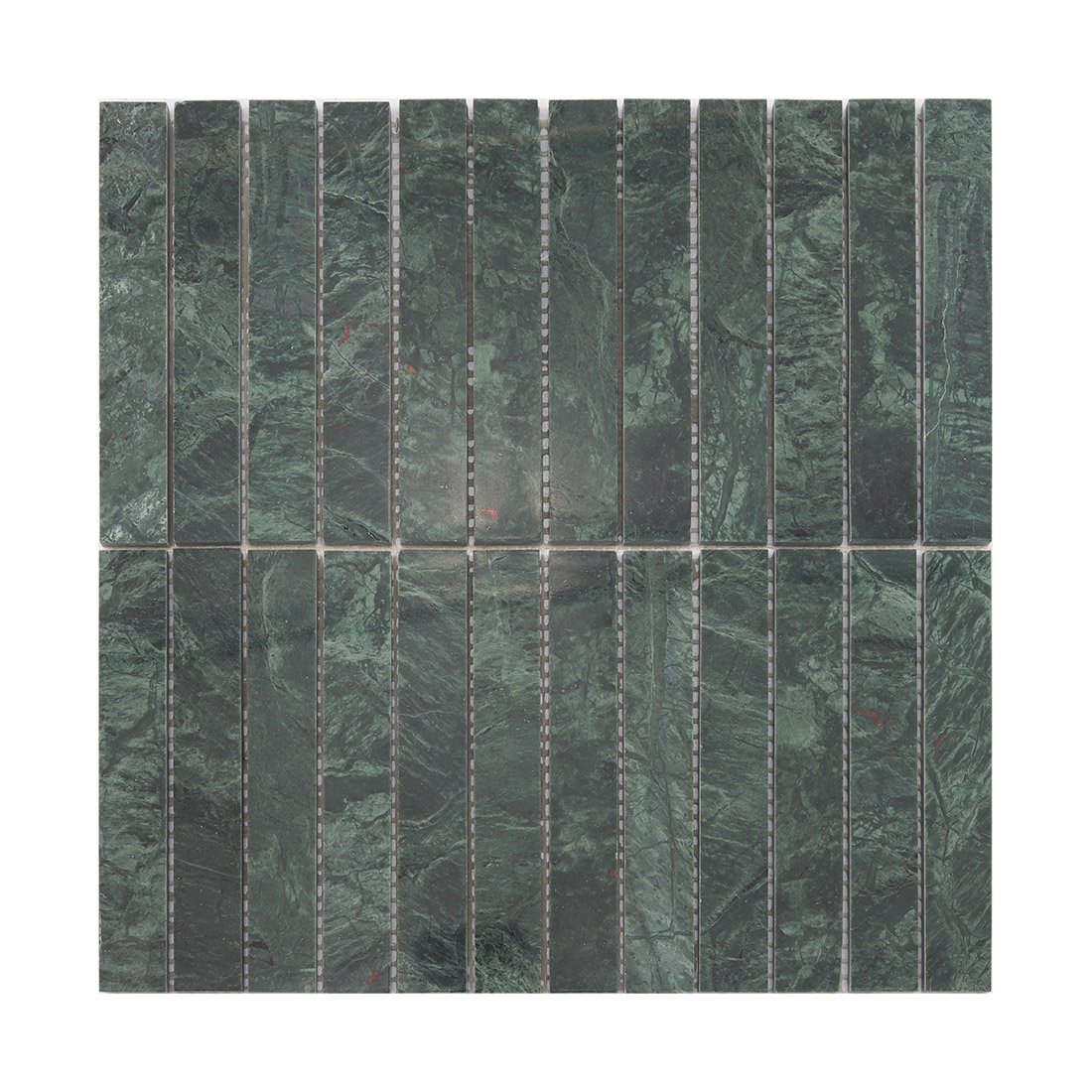 Dark green marble vertical strip mosaic tile sheet with natural stone veining