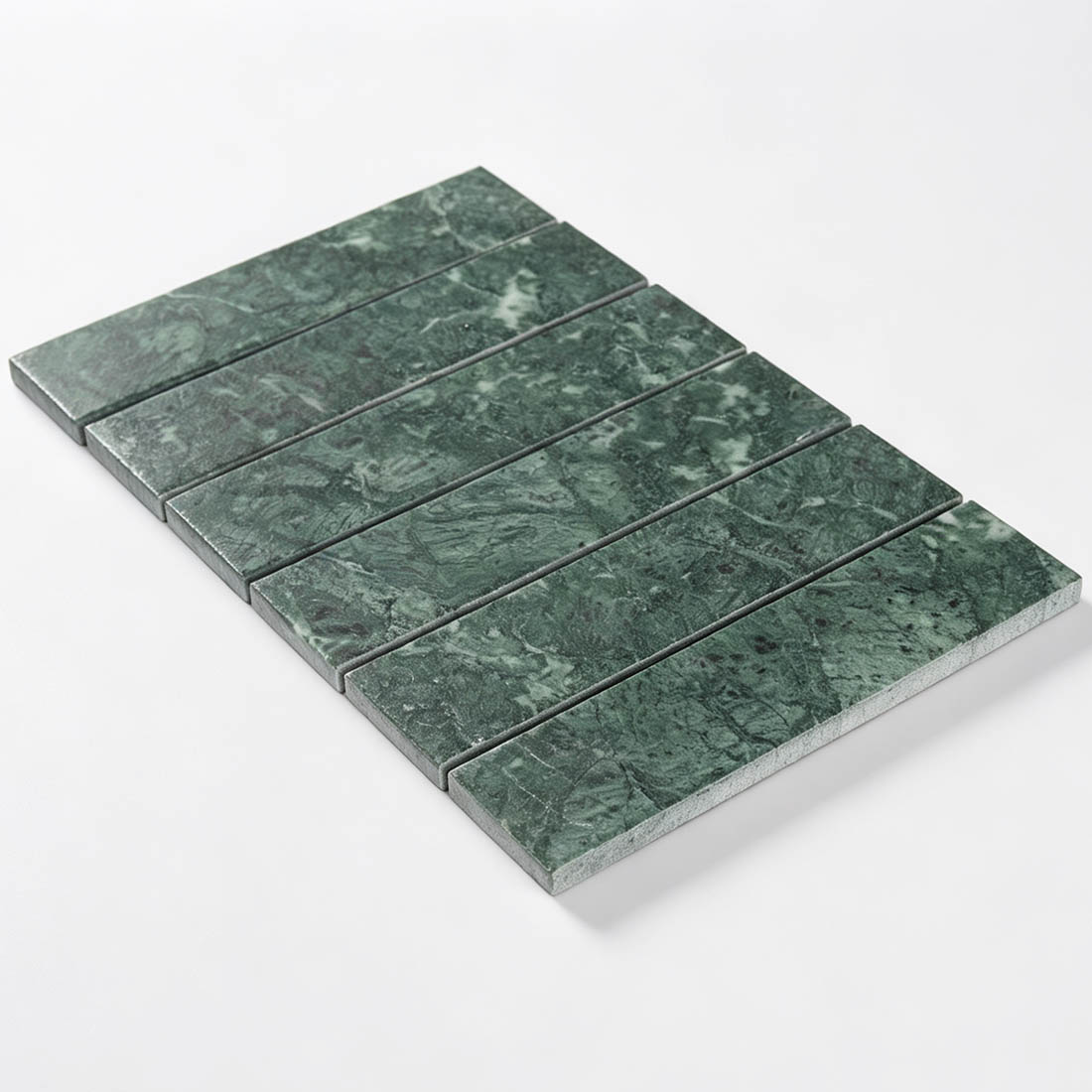 Perspective view of laid dark green strip marble mosaic tiles