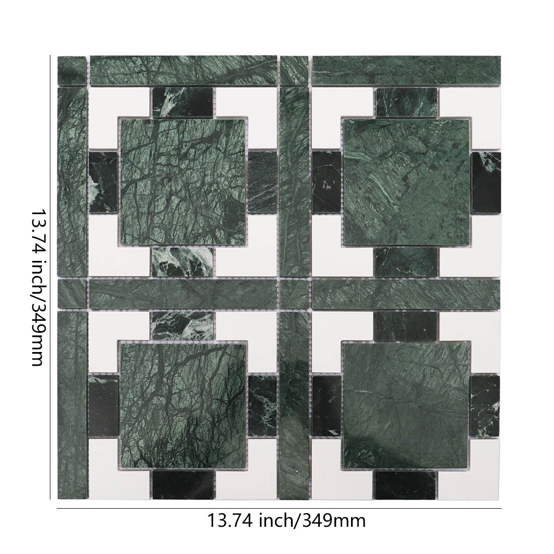 Dark green and white geometric marble mosaic tile sheet with square pattern.
