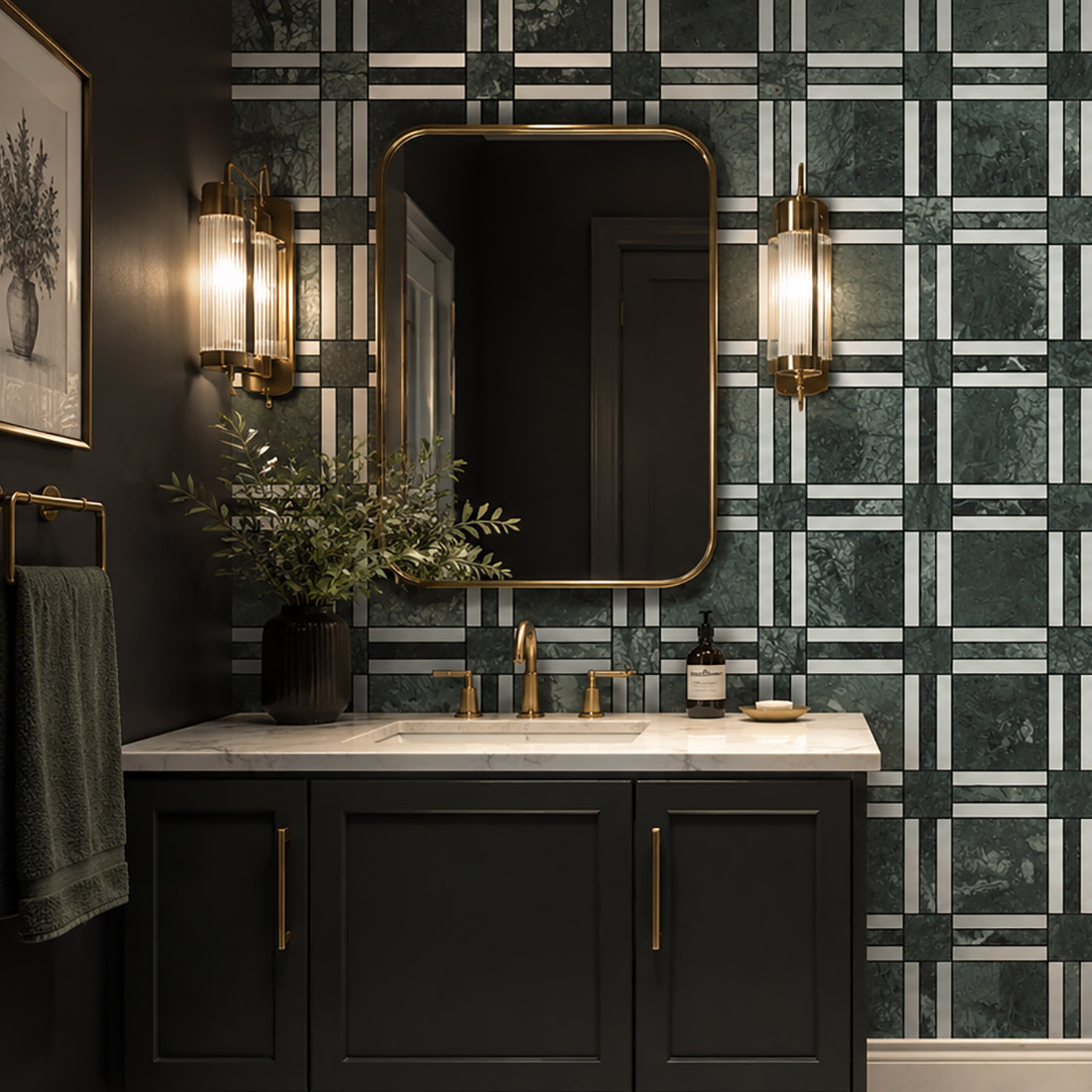 Dark green and white geometric marble mosaic tile vanity wall scene.