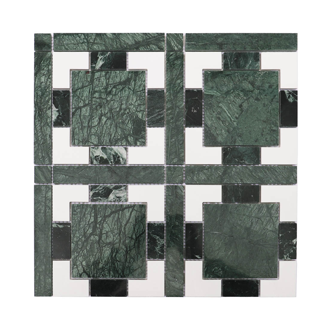 Dark green and white square pattern marble mosaic tile full sheet display.