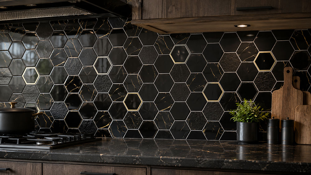 Dark hexagon kitchen tile backsplash with black marble and gold veining.