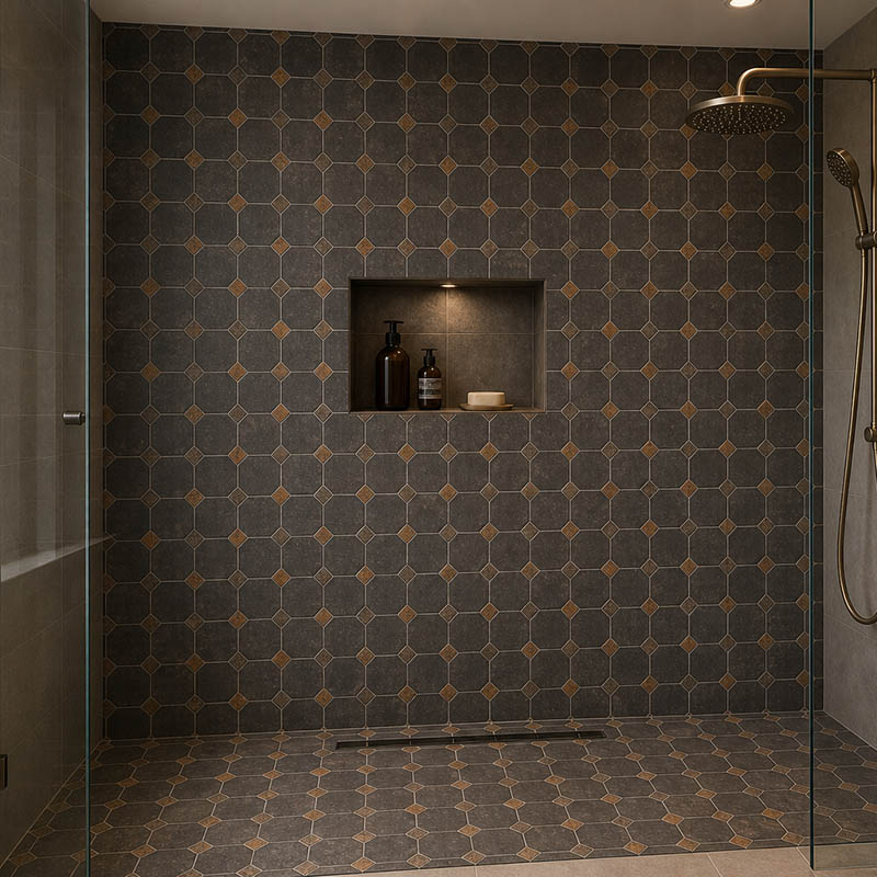 Dark taupe octagon shower feature wall with bronze dots and niche shelf
