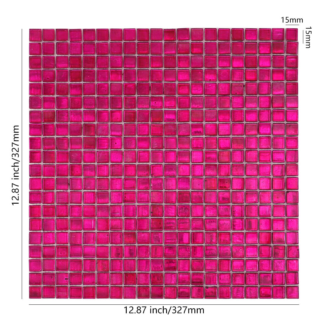 Deep hot pink foil square glass mosaic sheet with size details