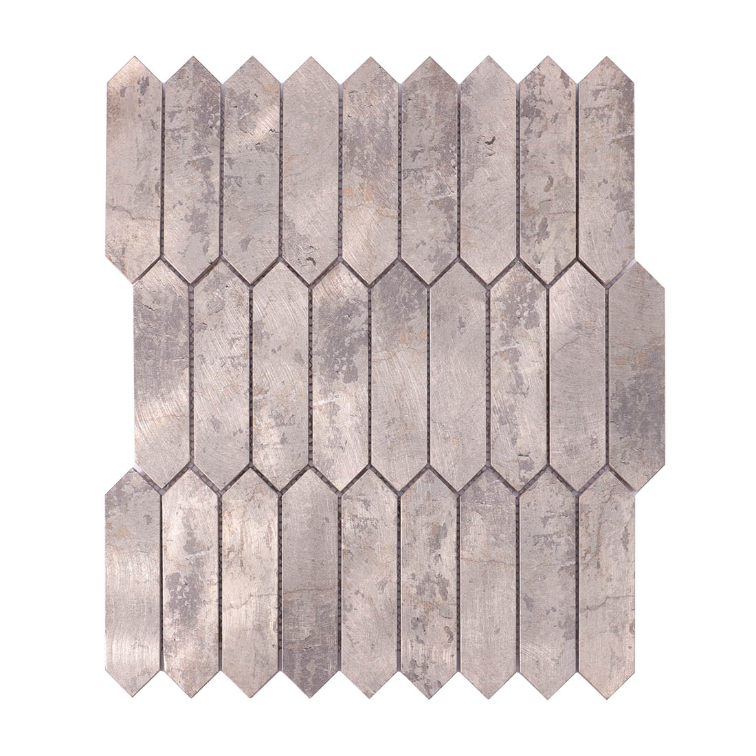 Distressed antique silver picket aluminum metal mosaic sheet front view