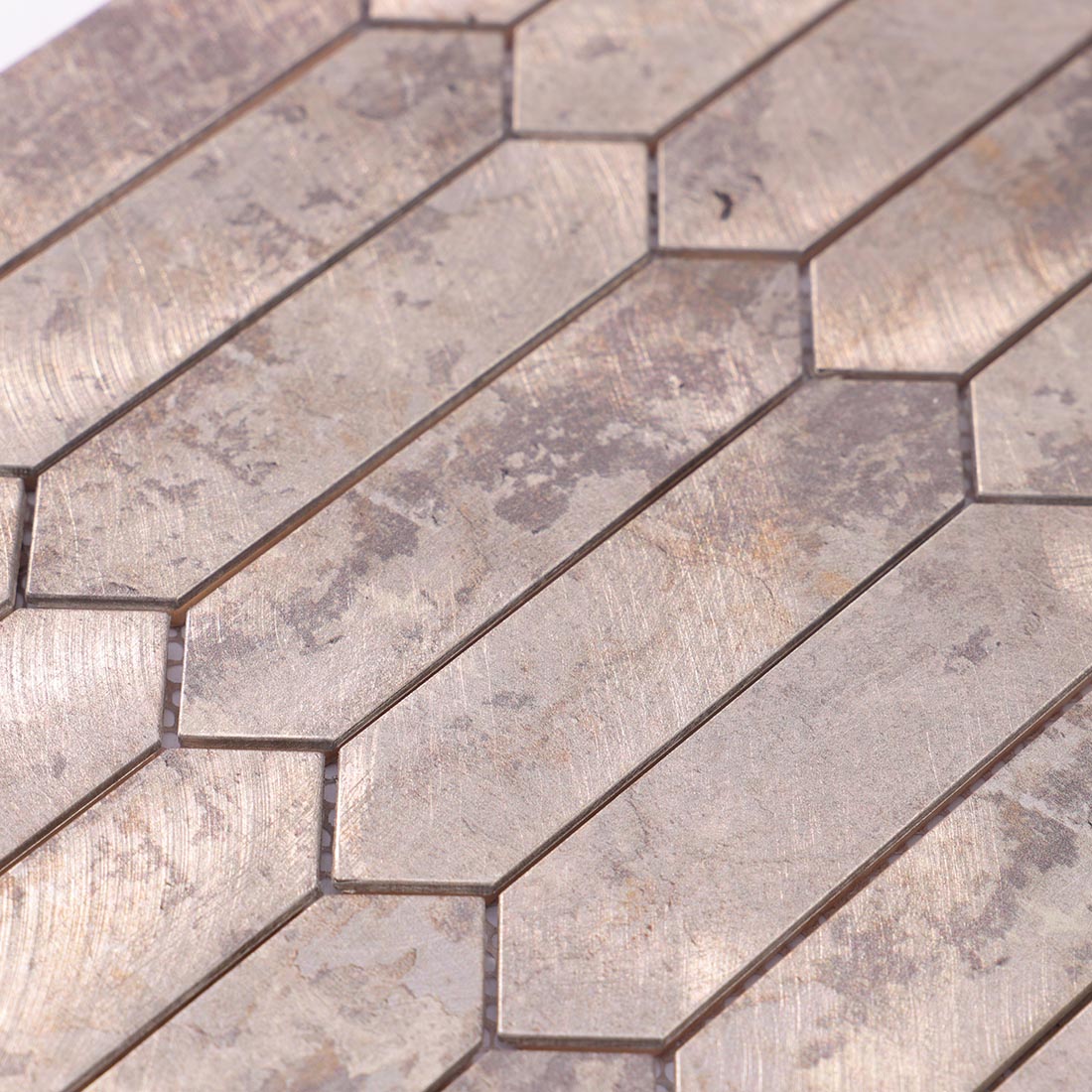 High angle view of distressed antique silver picket aluminum tile surface texture