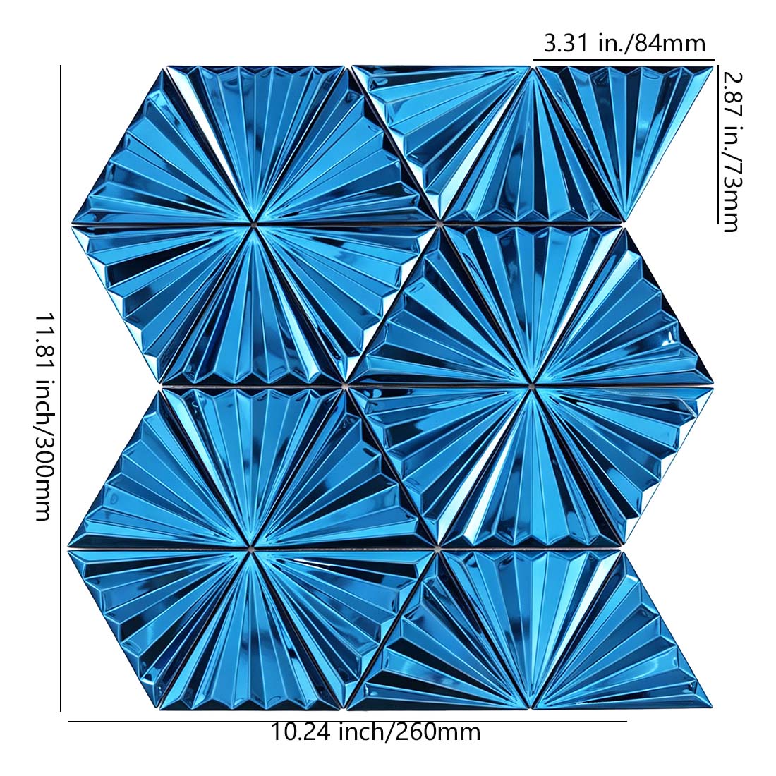 Electric blue fan triangle stainless steel mosaic sheet with size markings