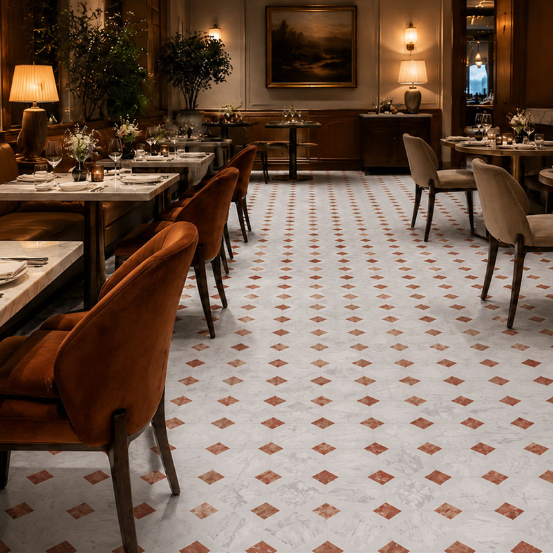 Elegant dining room with white marble floor and copper diamond accent tiles
