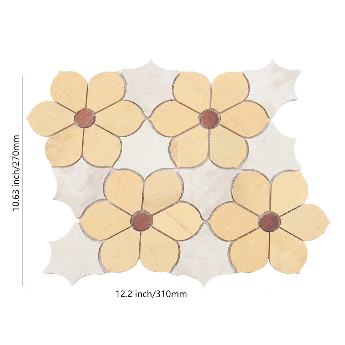 Yellow six petal flower marble mosaic tile with red round centers and size details