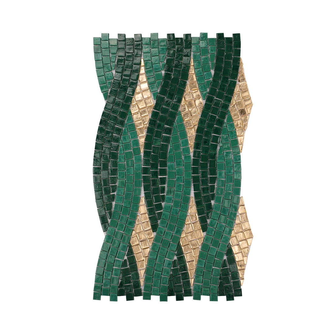 Close-up of handmade emerald and gold wave pattern glass mosaic tile.