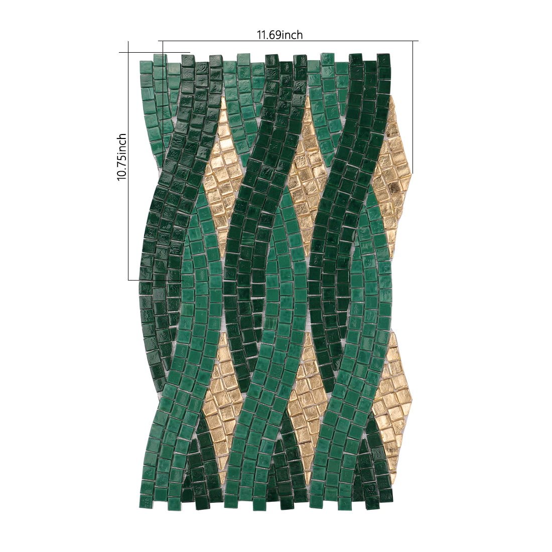 Emerald and gold handmade wavy glass mosaic tile with size dimensions 11.69 x 10.75 inches.