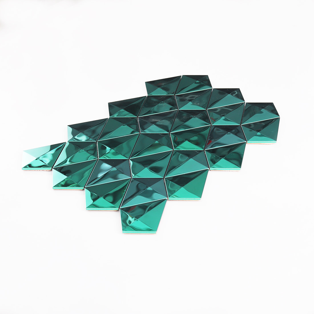 Angled full sheet of emerald green diamond mirror mosaic tile