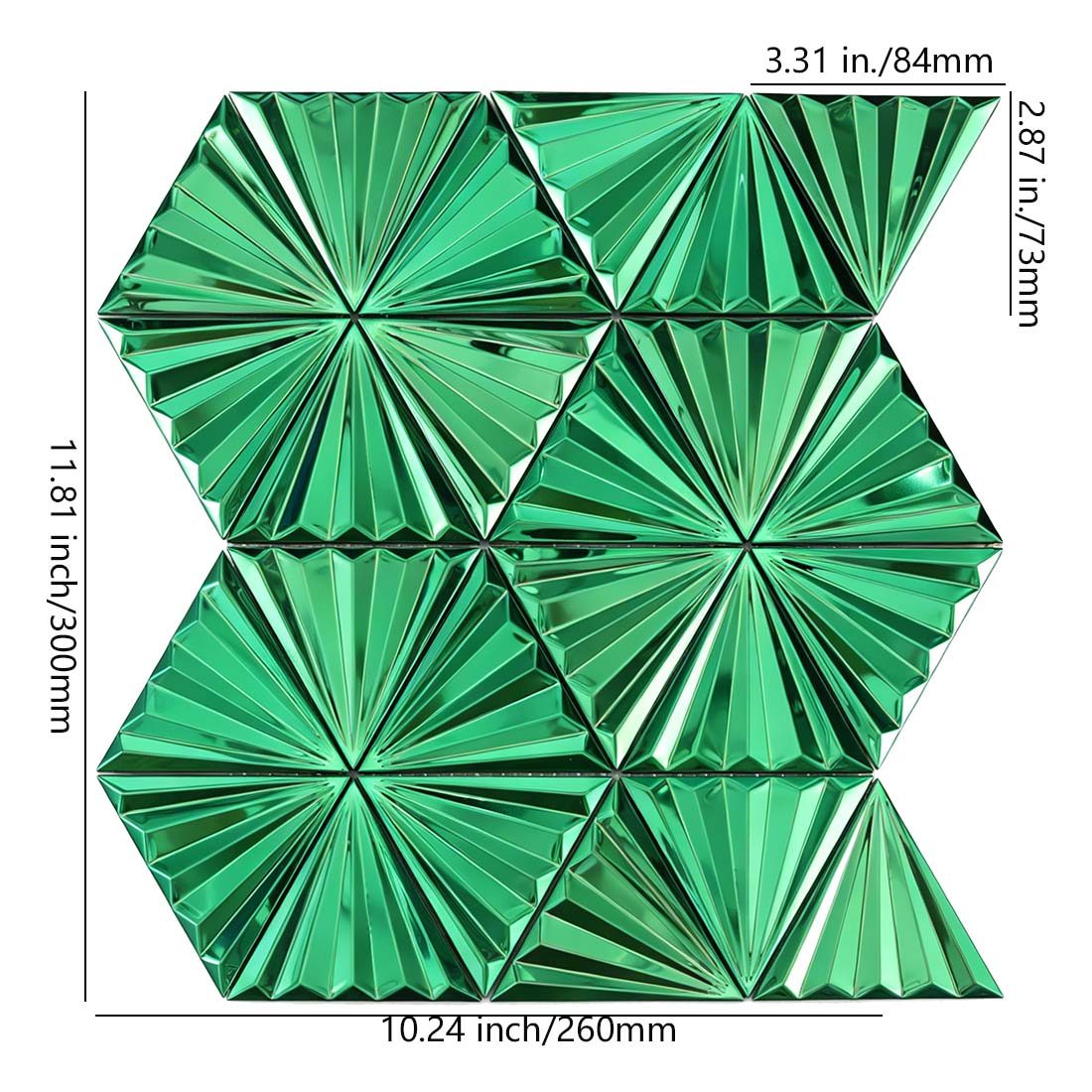 Emerald green fan triangle stainless steel mosaic sheet with size markings