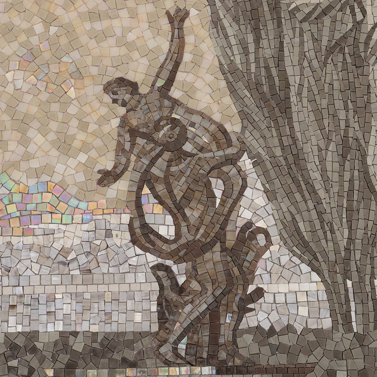 artistic mosaic of classical statue scene in beige tones