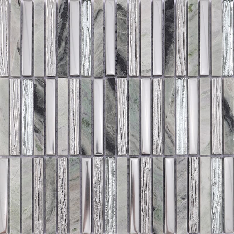 Finger Tiles in a mix of polished green marble and chrome silver mosaic sheets.